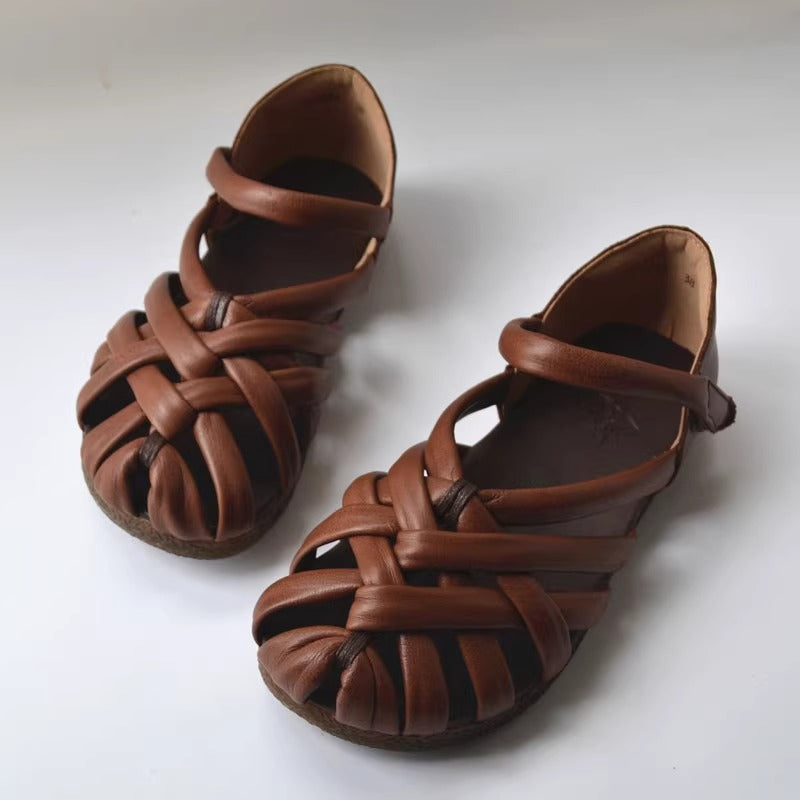 Women's Leather Hand-Woven Velcro Flat Sandals