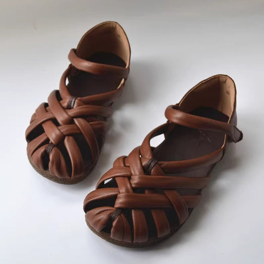Women's Leather Hand-Woven Velcro Flat Sandals