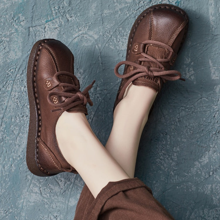 Women's Casual Walking Shoe Leather Soft Sole Lace Up Flat Shoes