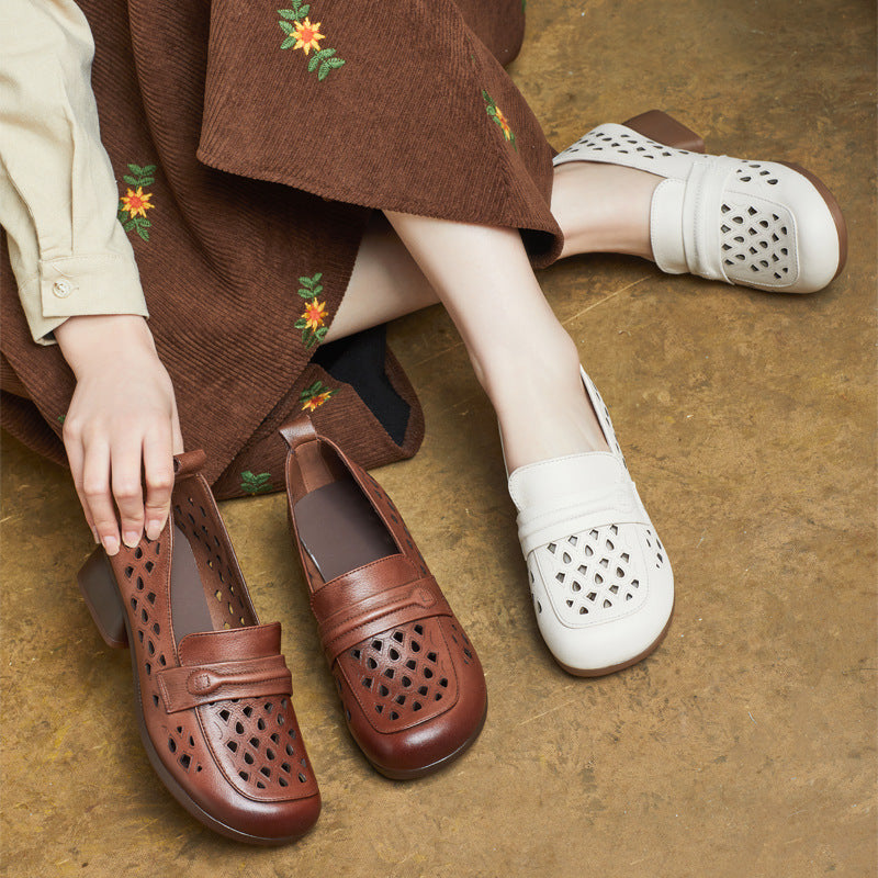 Women's Leather Summer Hollow Out Closed Toe Block Heel Sandals Loafers