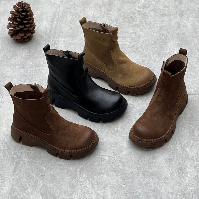 Women's Leather Side Zipper Platform Boots – Comfortable & Casual