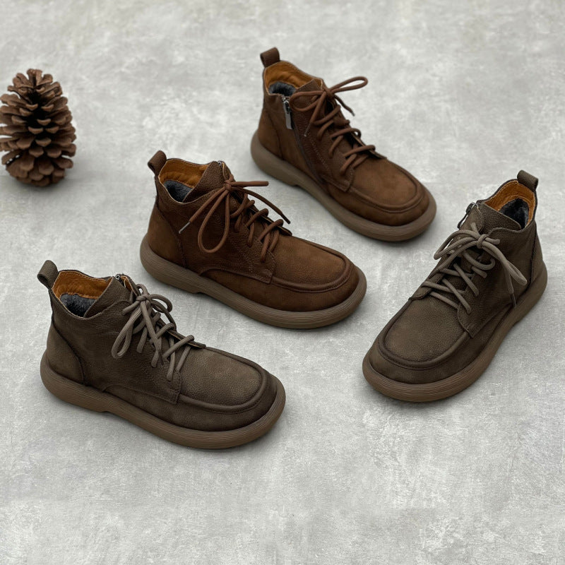 Women's Vintage Leather Lace-Up Zipper Ankle Boots – Flat Casual Comfort