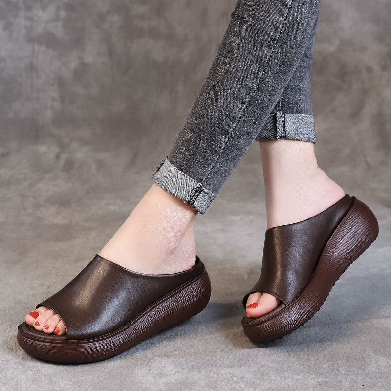Women's Leather Open Toe Chunky Wedge Heel Mule