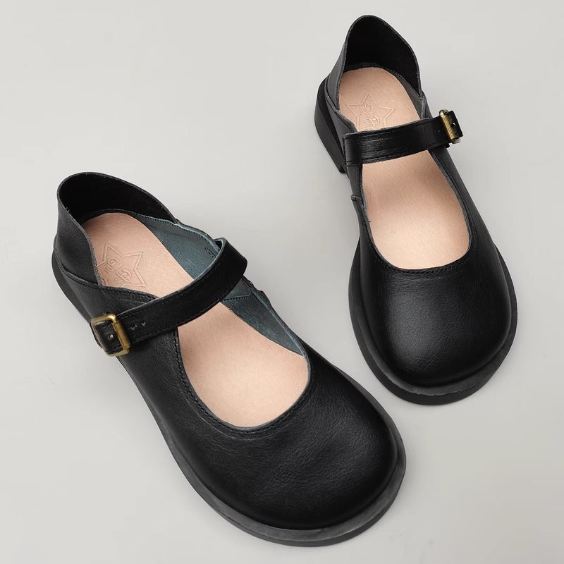 Women's Wide Toe Box Genuine Leather Mary Jane Flats – Buckle, Round Toe Shoes