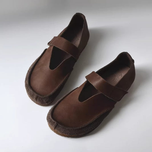 Women's Deep V-cutout Leather Flat Velcro Casual Shoes