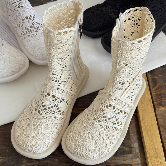 Women's Summer Literary Style Lace Side Zipper Wide Toe Box Short Boots