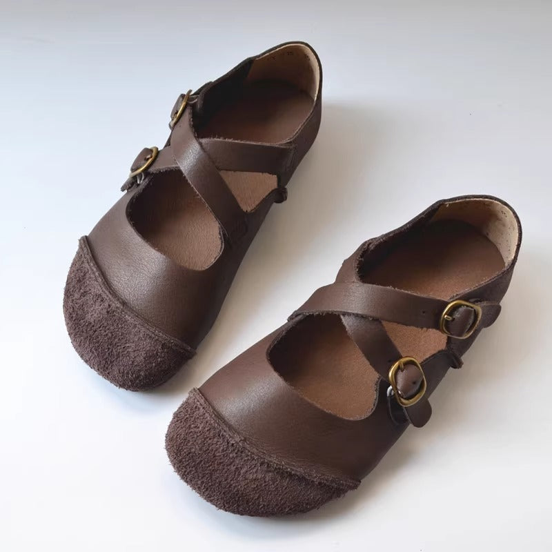 Women's Women's Leather Retro Patchwork Flat Cross Strap Mary Jane Shoes