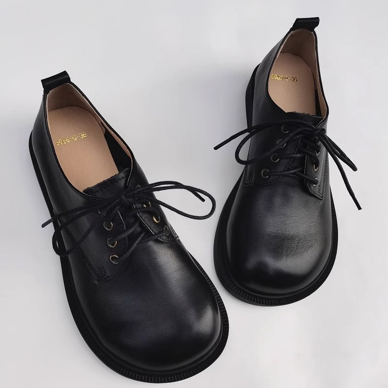 Women's Handmade Wide Toe Box Leather Lace-Up Casual Flat Shoes