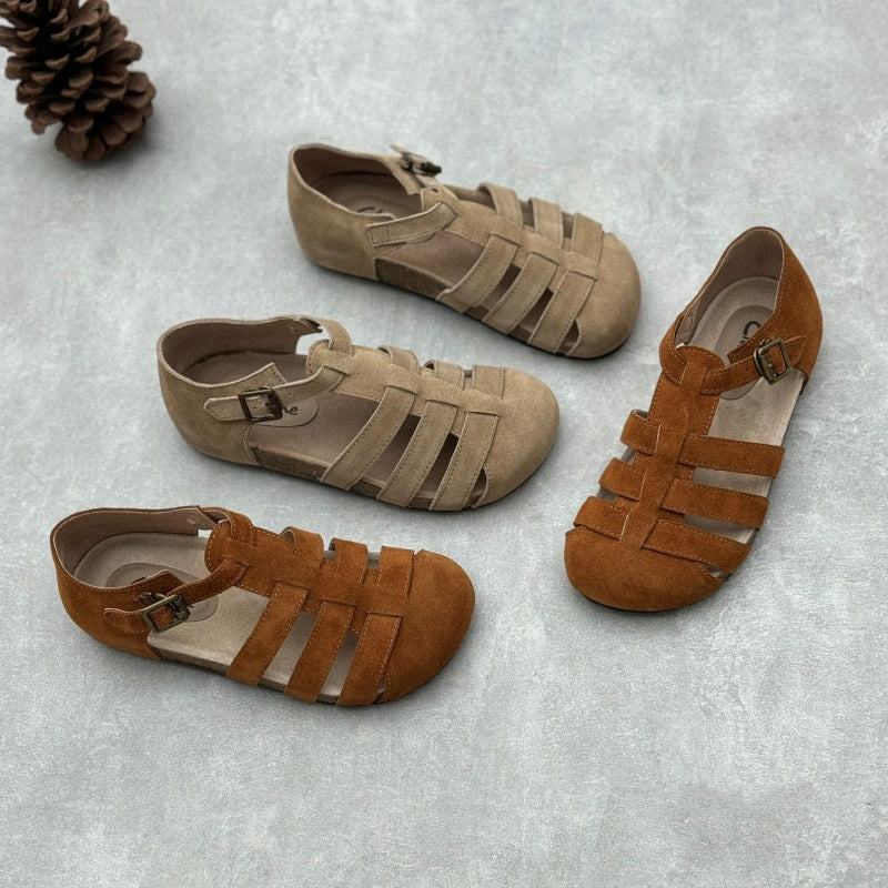 Women's Closed Toe Retro Flat Suede Leather Woven Casual Sandals