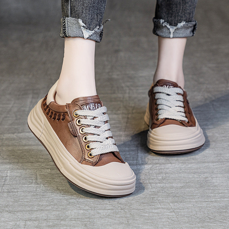 Women's Casual Leather Platform Lace-Up Sneakers