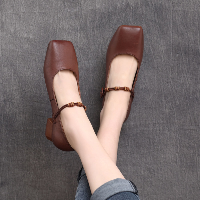 Womens Low Heels Square Toe Cowhide Leather Chunky Heeled Pumps