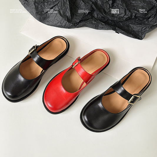 Women's Handmade Genuine Leather Buckle Mary Jane Mule Shoes Round Toe Flats