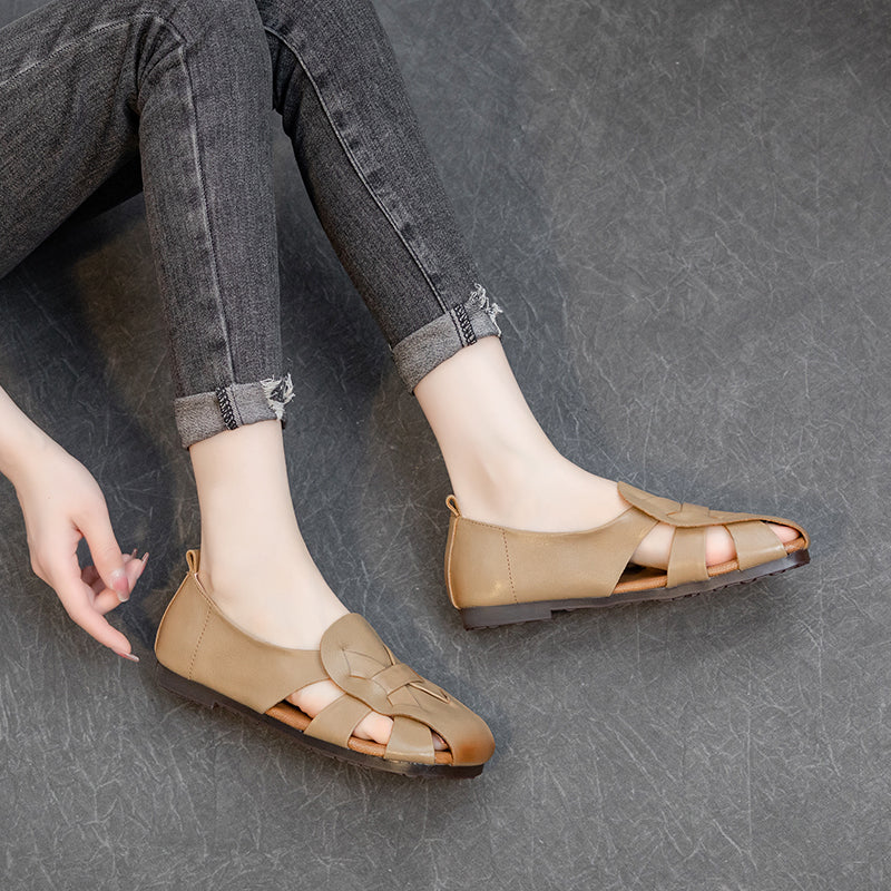 Women's Leather Summer Woven Hollow Out Flat Breathable Sandals