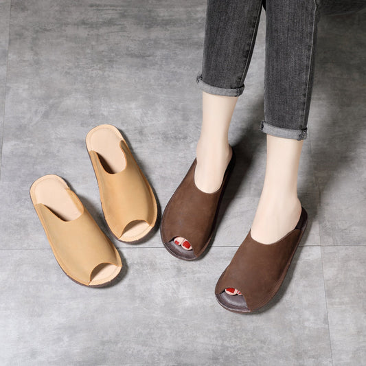 Women's Leather Flat Open Toe Mule Shoes