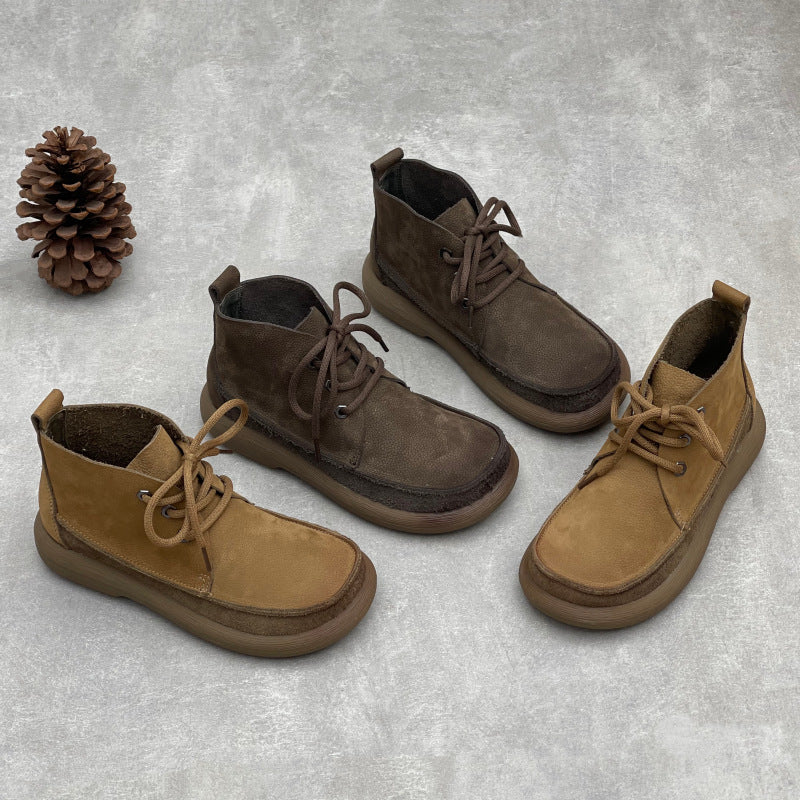 Women's Retro Leather Patchwork Boots – Lace-Up Soft Short Ankle Shoes
