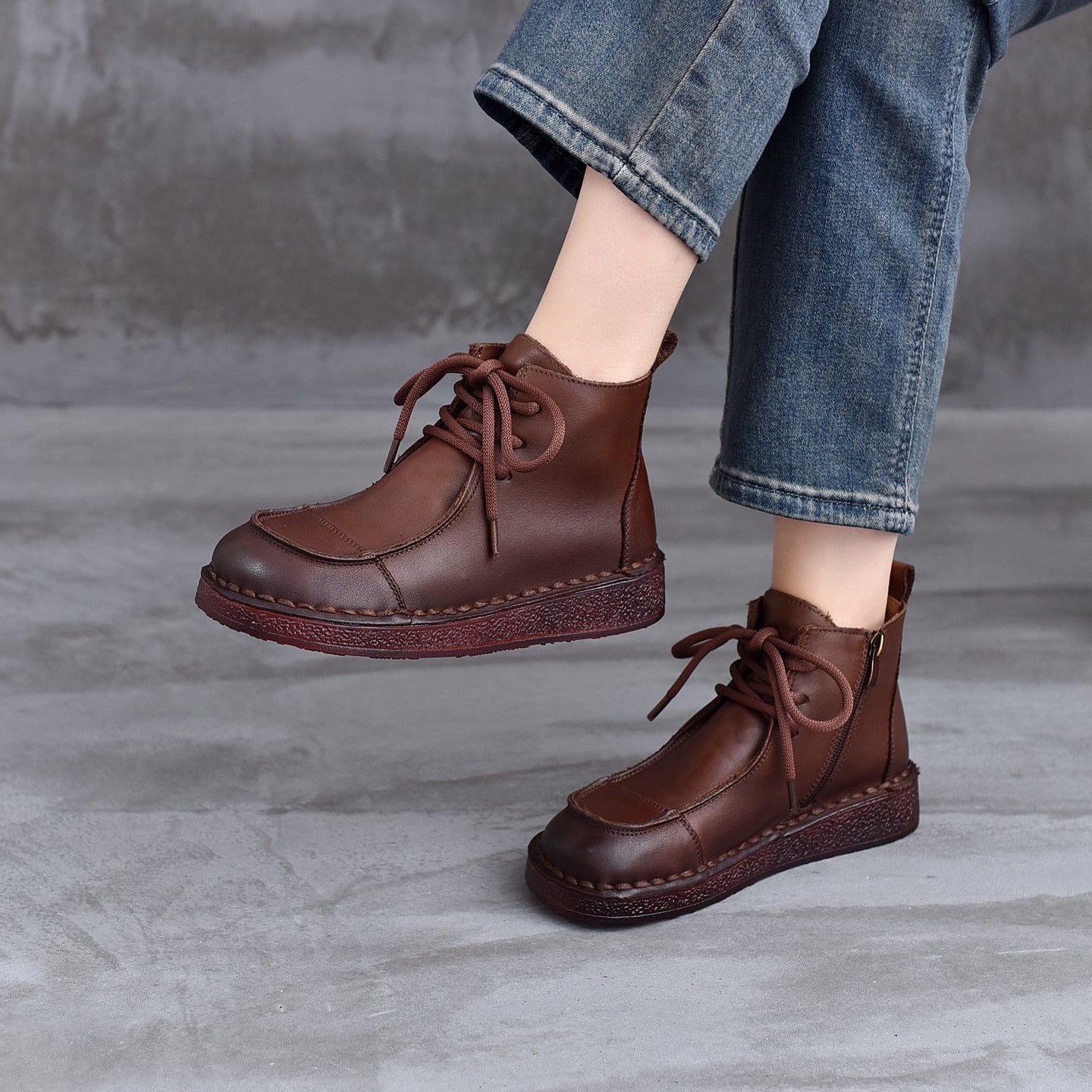 Women's Leather Flat Ankle Boots – Comfortable Casual Lace-Up Zipper Style