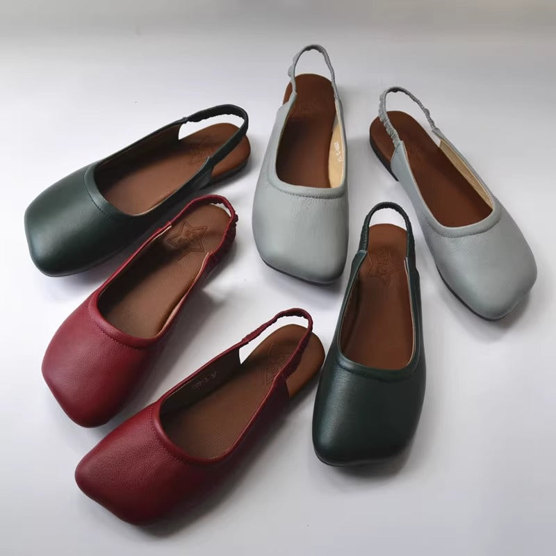 Women's Closed Toe Slip On Leather Heel Hollow Out Flat Sandals
