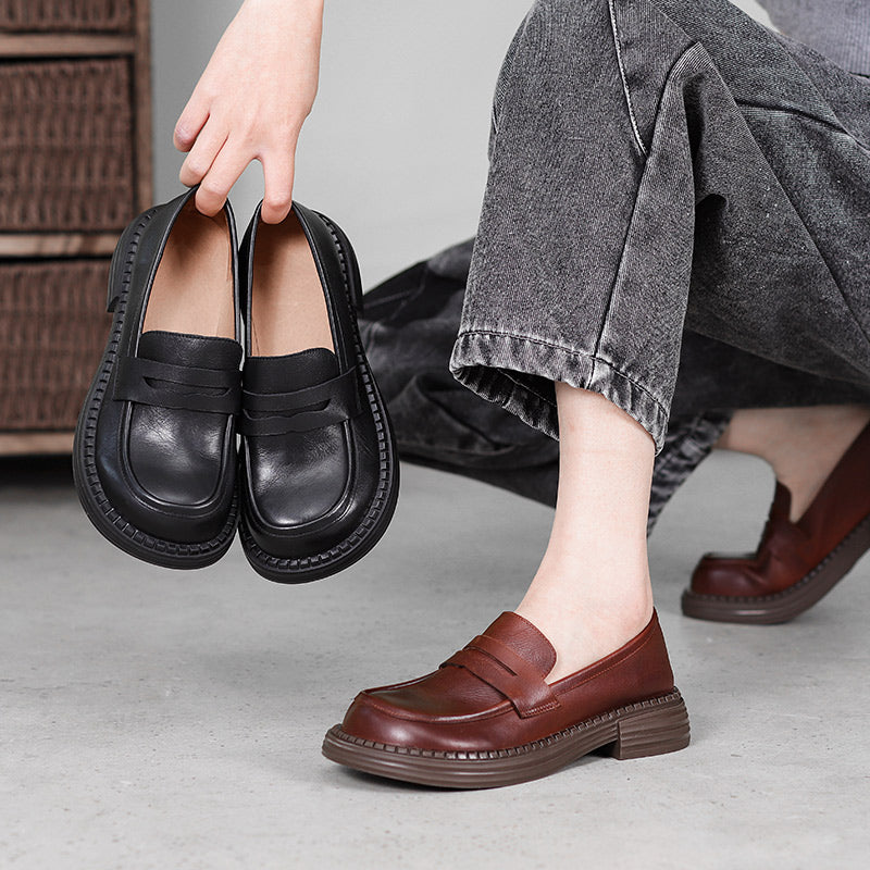 Women's Vintage Leather Handmade Wide Toe Box Loafers