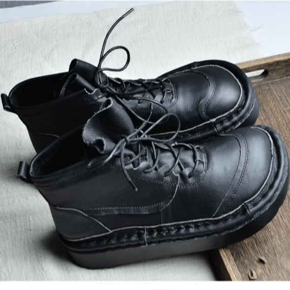 Women Leather Wide Toe Box Platform Casual Lace-up Boots