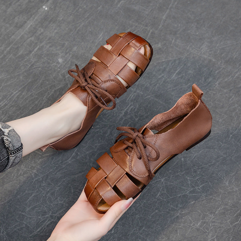 Women's Leather Woven Casual Lace-Up Flat Comfort Sandals