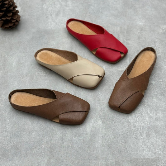 Women's Leather Retro Hollow Out Square Toe Mule Shoes