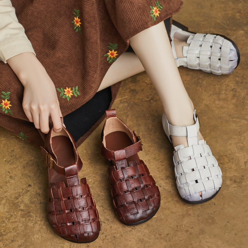 Women's Handmade Leather Woven Casual Closed Toe Buckle Sandals