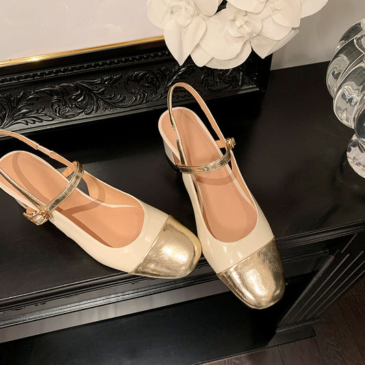 Women's Elegant French Patchwork Slip On Closed Toe Mid Heel Sandals