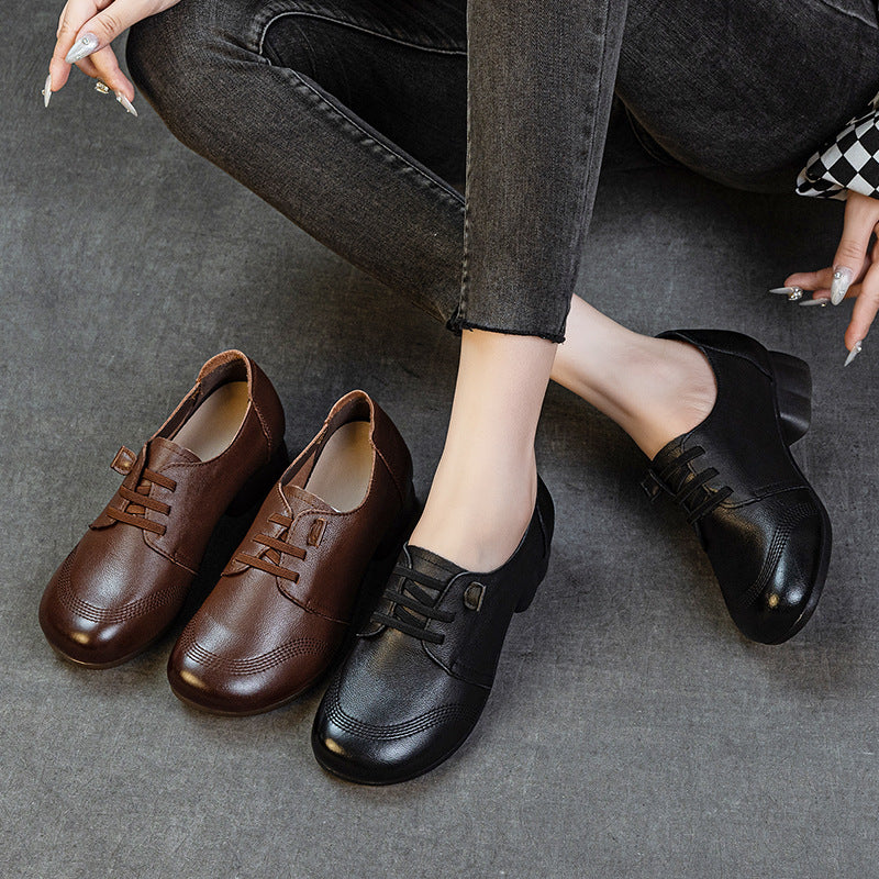 Women's Leather Low Block Heel Lace-Up Casual Shoes