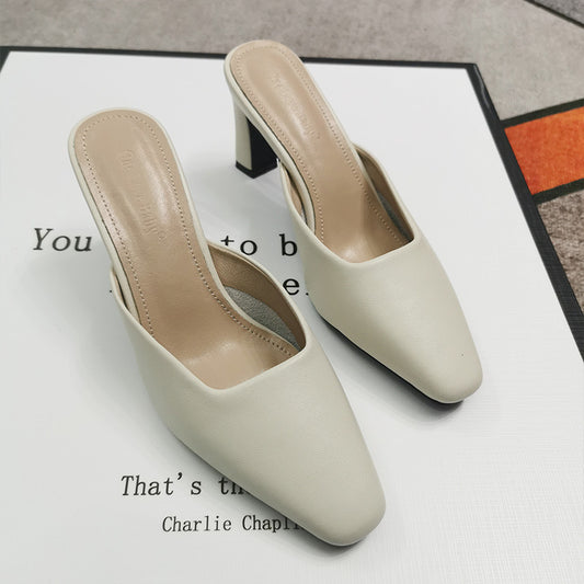 Women's Leather Square Toe High Heeled Mule Shoes