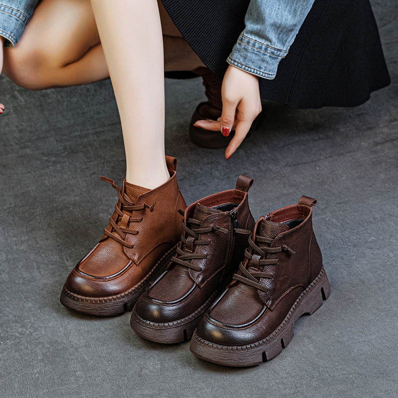 Women's Vintage Leather Platform Ankle Boots – Lace-Up Zipper Non-Slip Style
