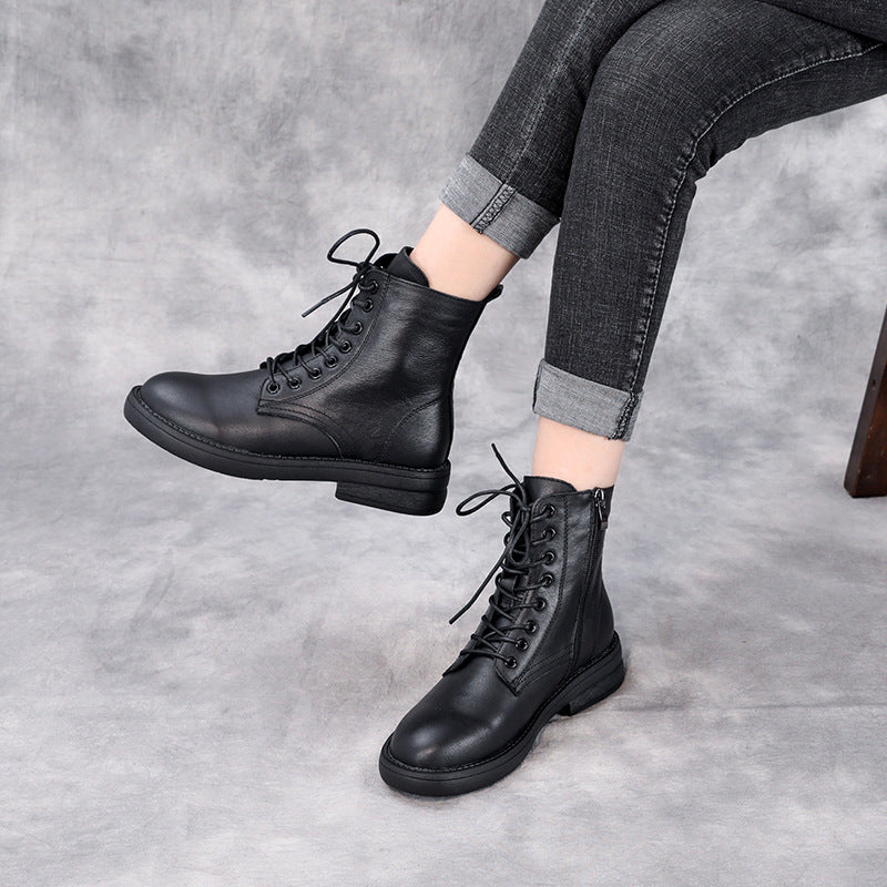 Women's Leather Casual Lace-Up Ankle Boots with Side Zipper Closure