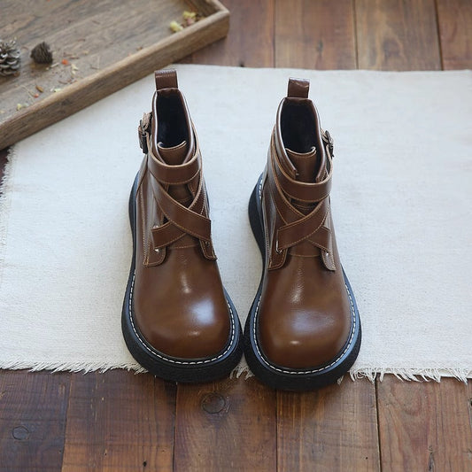 Women's Leather Boots Wide Toe Box Retro Cross-strap Platform Shoes