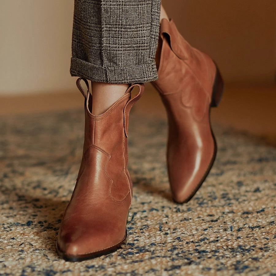 Women's Genuine Leather Western Ankle Boots – Pointed Toe & Block Heel