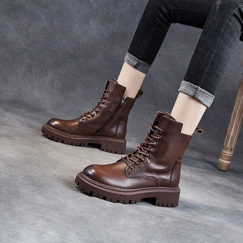 Women's Casual Genuine Leather Boots – Ankle Length with Zipper