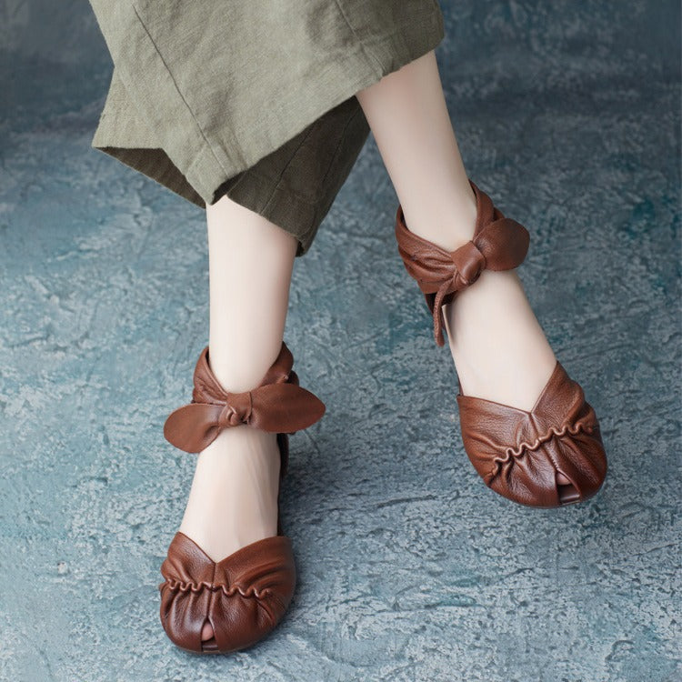 Womens Genuine Leather Handmade Summer Bow Ankle Zipper Sandals