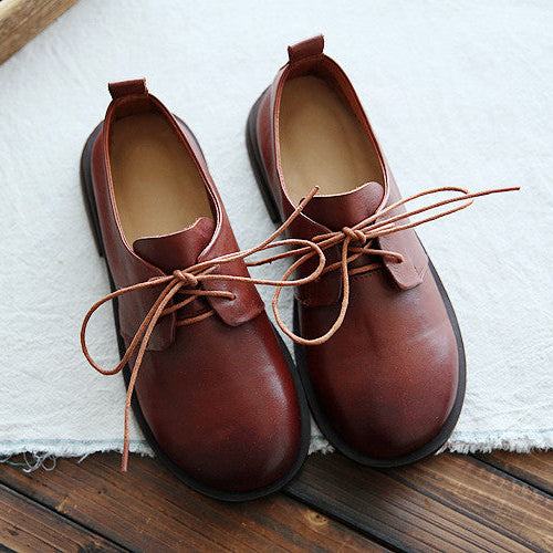 Women's Comfortable Genuine Leather Round Toe Lace-Up Casual Flats