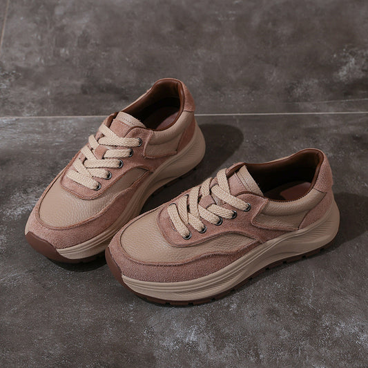 Women's Non-Slip Leather Platform Sneakers – Retro Chunky Sole Design