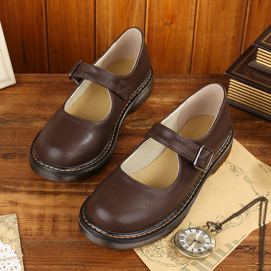 Women's Dark Brown Retro Mary Jane Leather Flats – Old-Fashioned School Shoes