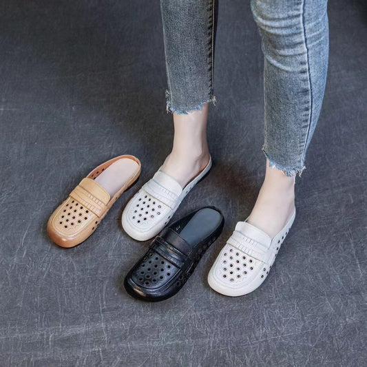 Women's Leather Summer Hollow Out Flat Mule Shoes