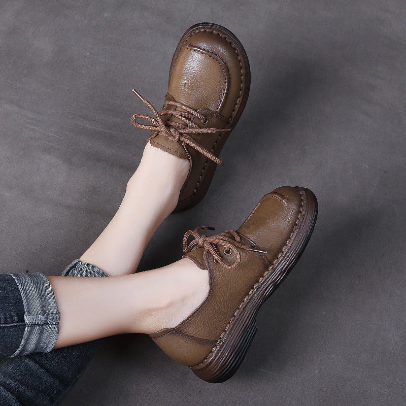 Handmade Genuine Leather Soft Sole Casual Comfort Lace Up Flat Women's Shoes
