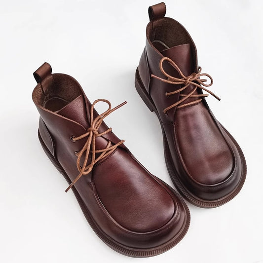 Womens Genuine Leather Wide Toe Lace-up Ankle Boots
