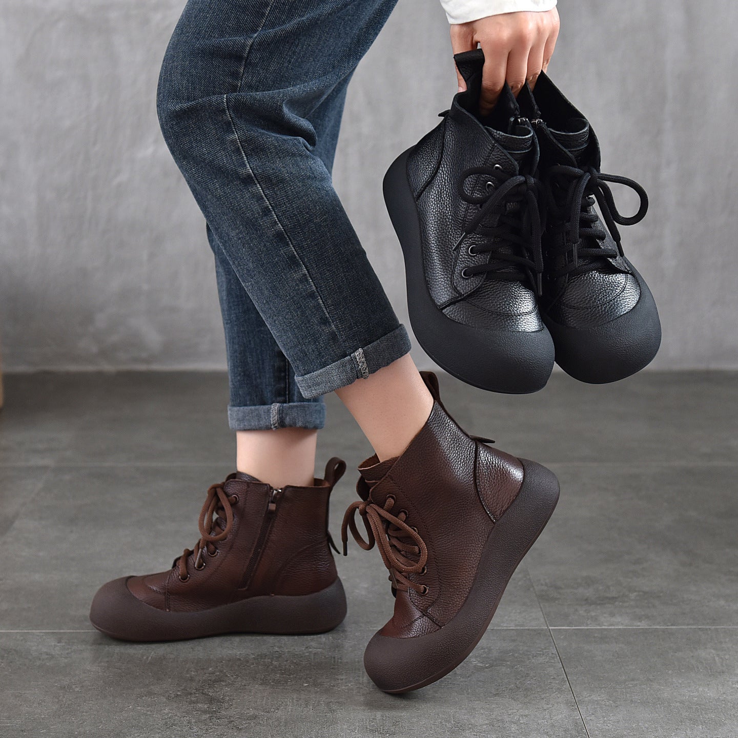 Women's Leather Daily Walking Boots – Lace-Up and Side Zipper