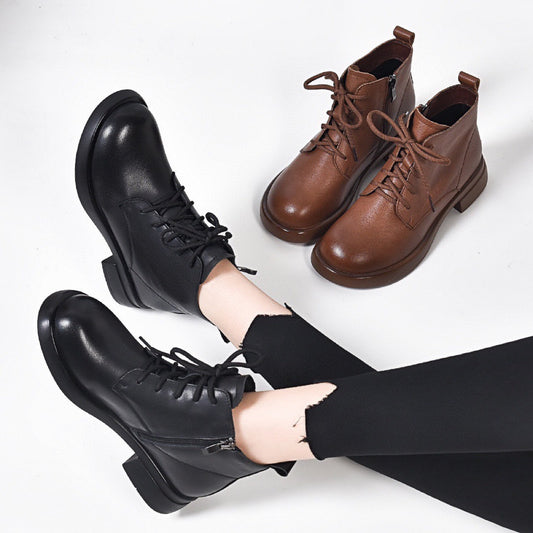 Women's Genuine Leather Ankle Boots - Lace-Up & Side Zipper with Block Heel