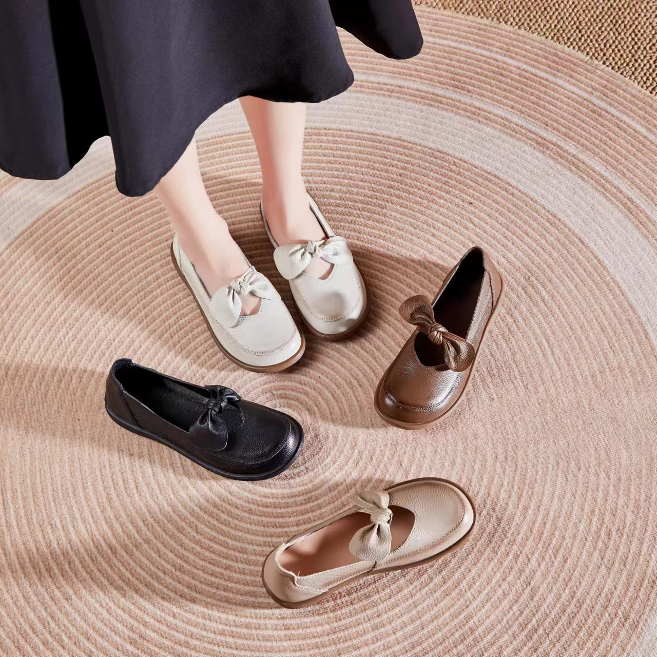 Women's Leather Comfort Bow Flat Shoes