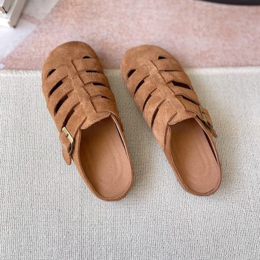 Women's Suede Round Toe Hollowed Out Casual Buckle Mule