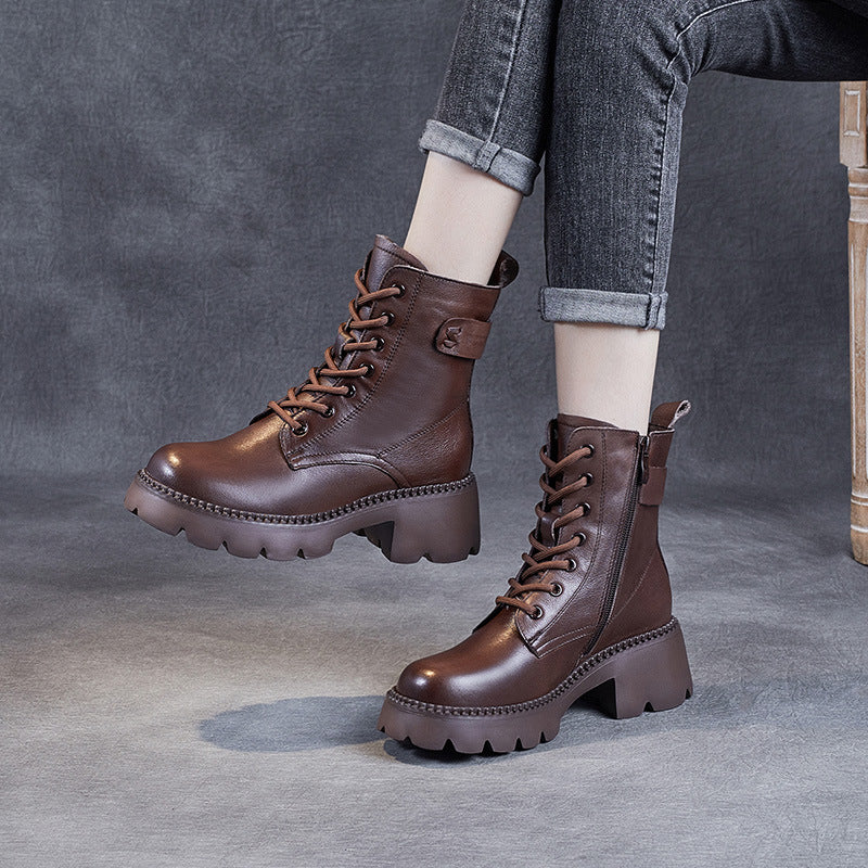 Women's Genuine Leather Combat Boots – Platform Chunky Heel with Side Zipper