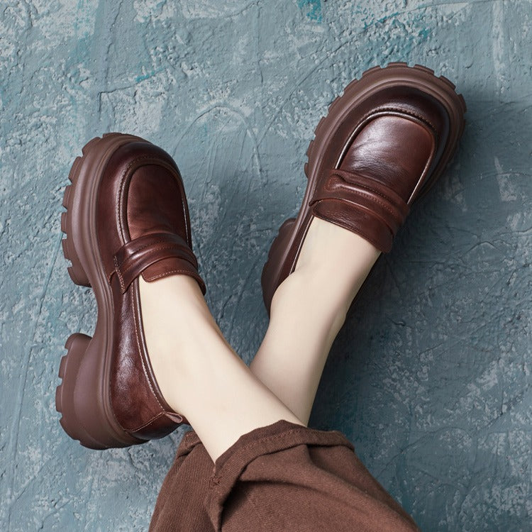 Womens Genuine Leather Heeled Platform Casual Loafers