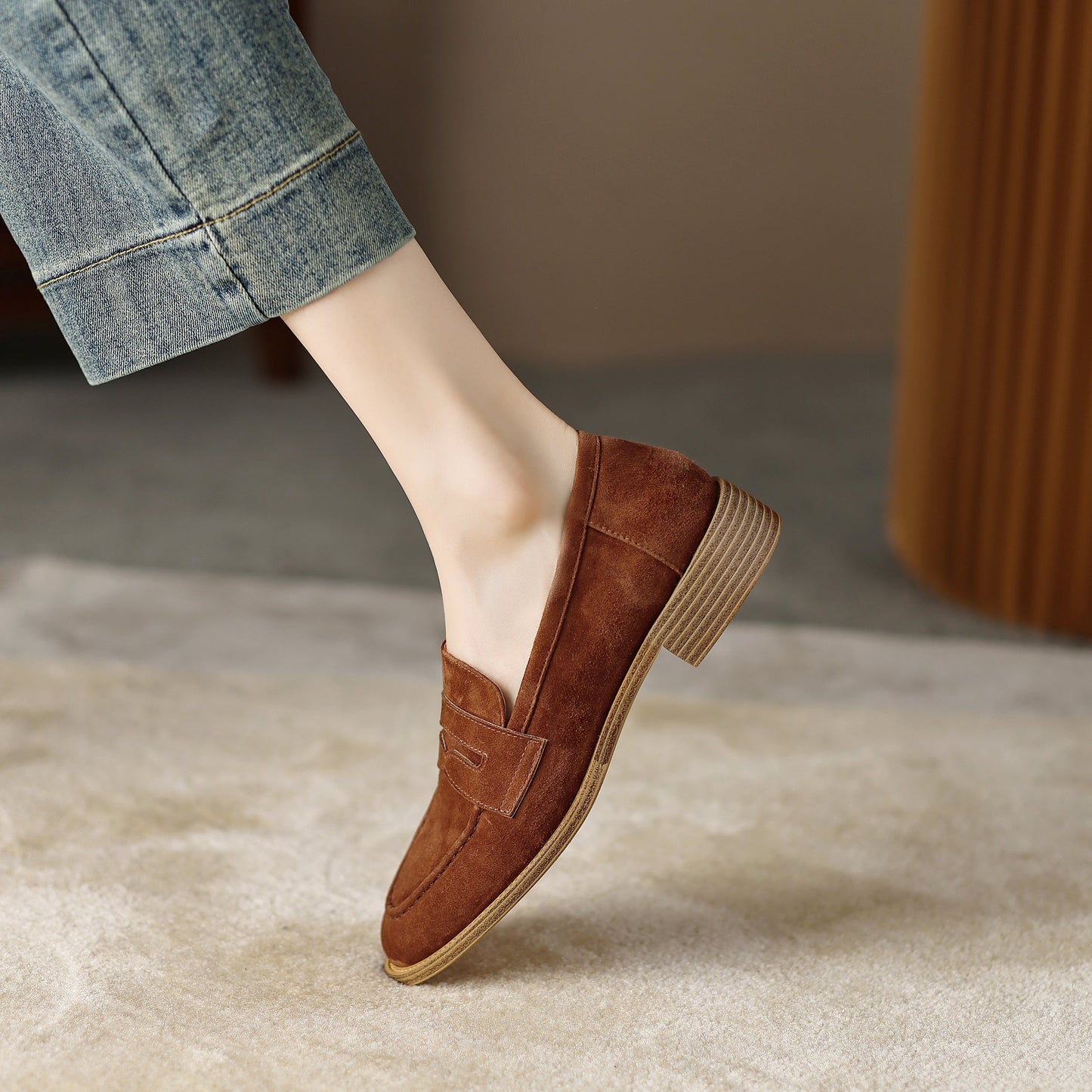 Handmade Classic Navy Suede Leather Penny Loafers Women's Shoes