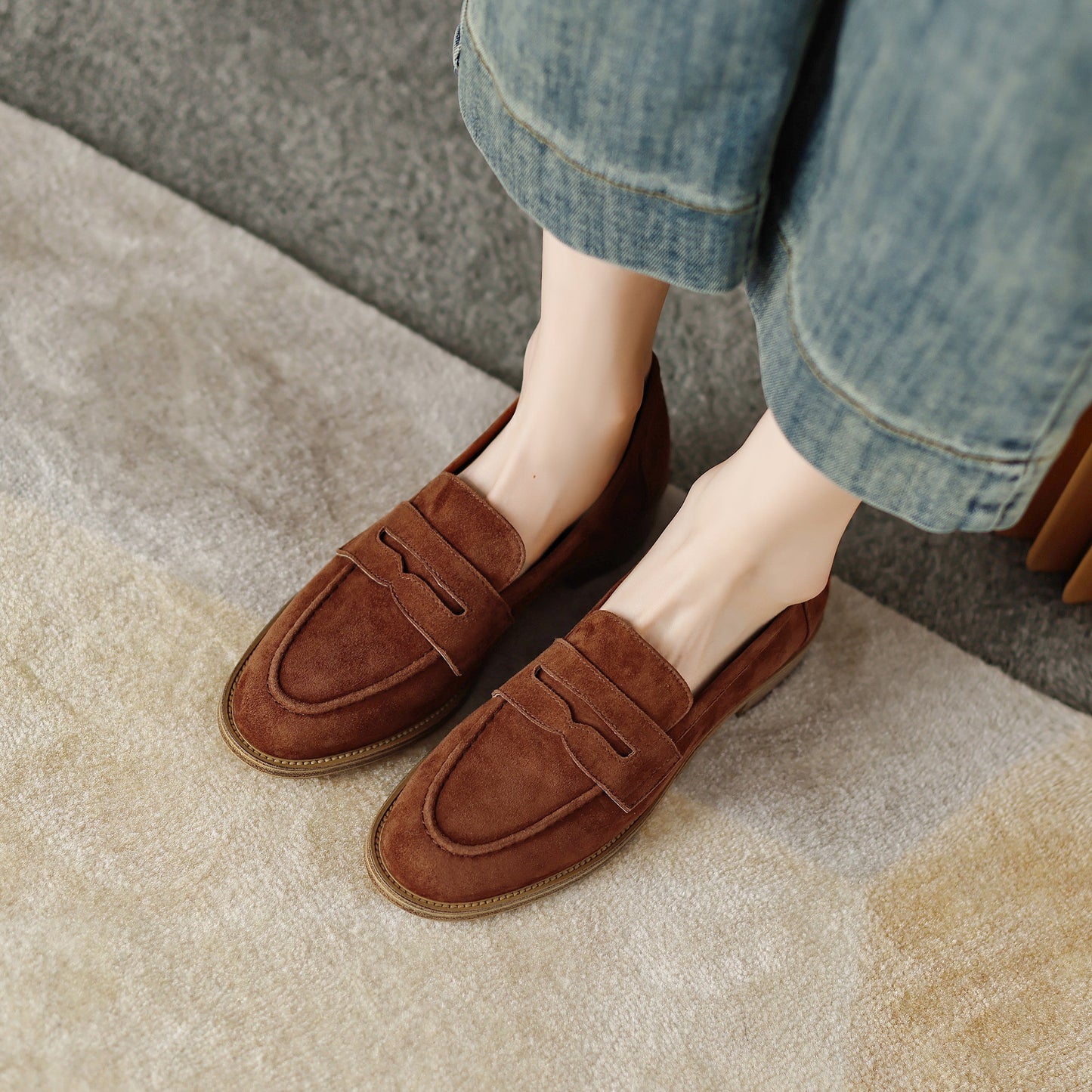 Handmade Classic Navy Suede Leather Penny Loafers Women's Shoes