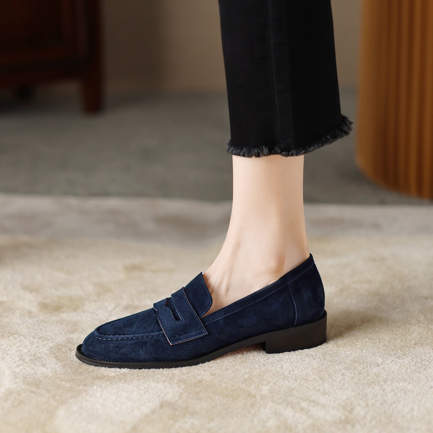 Handmade Classic Navy Suede Leather Penny Loafers Women's Shoes